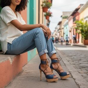 Steve Madden Navy and Tan Lace-Up Heels